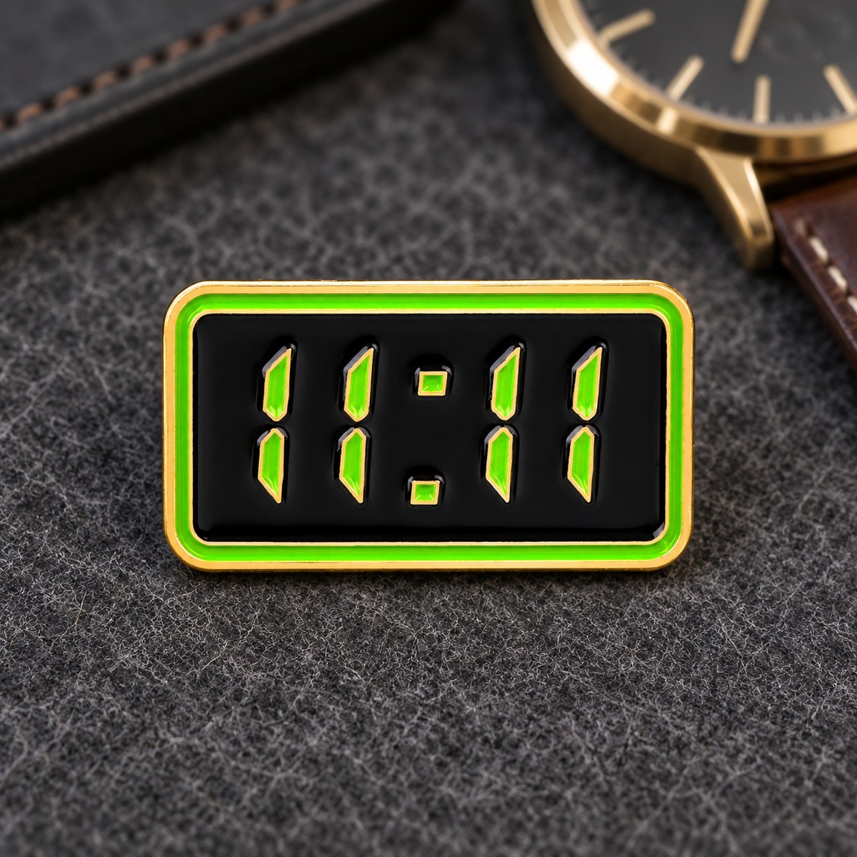 11:11 enamel pin on charcoal felt beside a watch