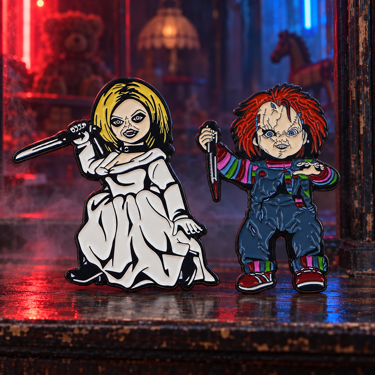 2pcs/set Chucky Pin on a themed spooky background