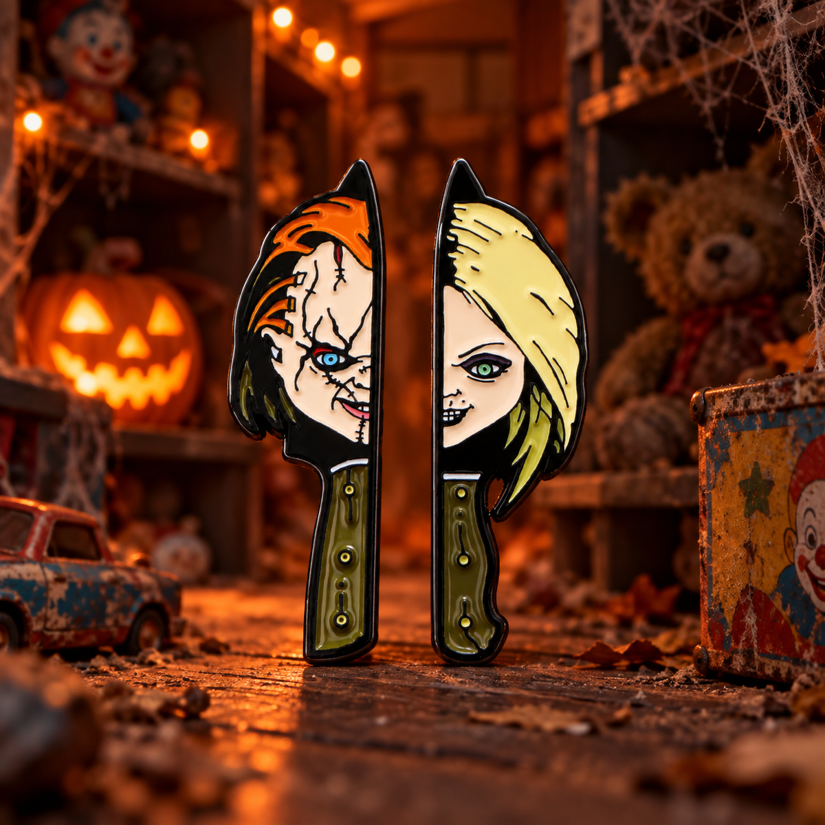2pcs/set Chucky Knife Pin on a themed spooky background