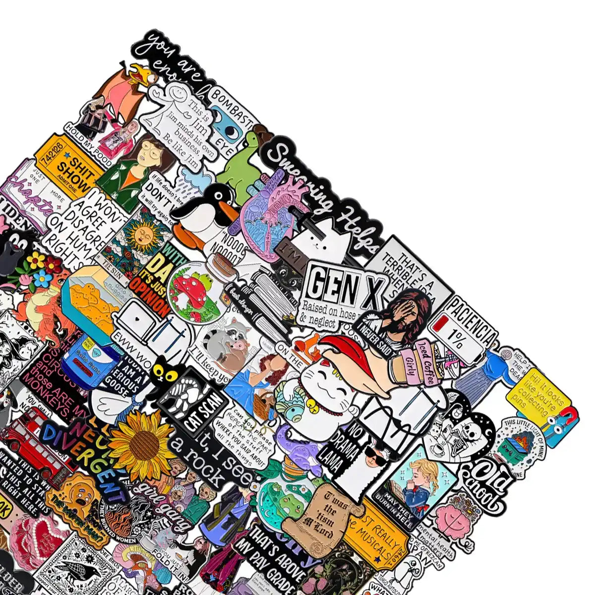 50-piece sticker pack featuring various designs and quotes.