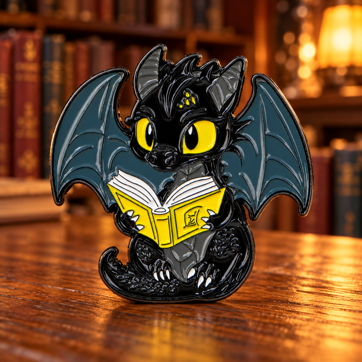 Dragon Reading Book Pin in a cozy library setting