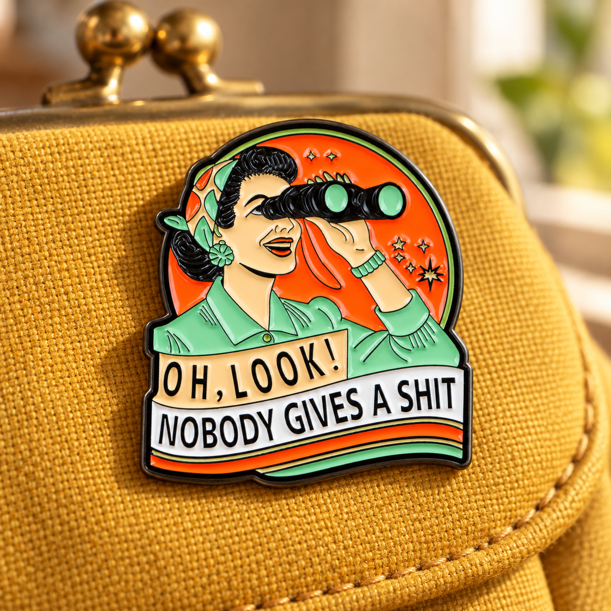 Oh Look! Nobody Gives A Shit Pin enamel pin in a lifestyle setting