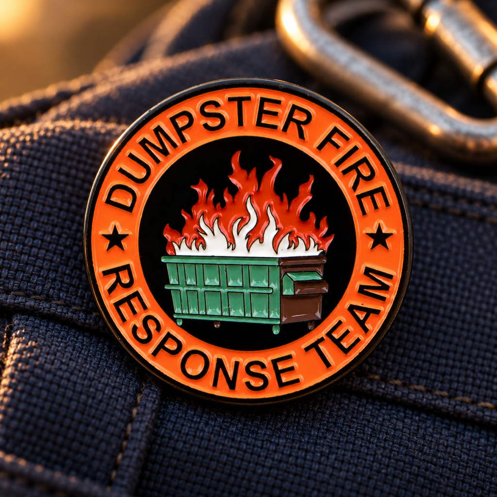 Dumpster Fire Response Team Pin enamel pin in a lifestyle setting