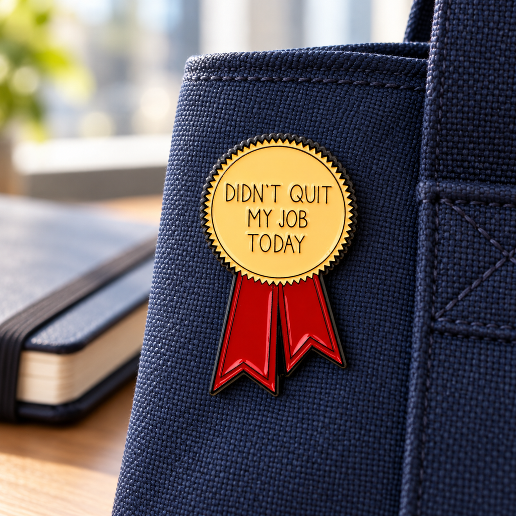 Didn't Quit My Job Today Ribbon Pin enamel pin in a lifestyle setting