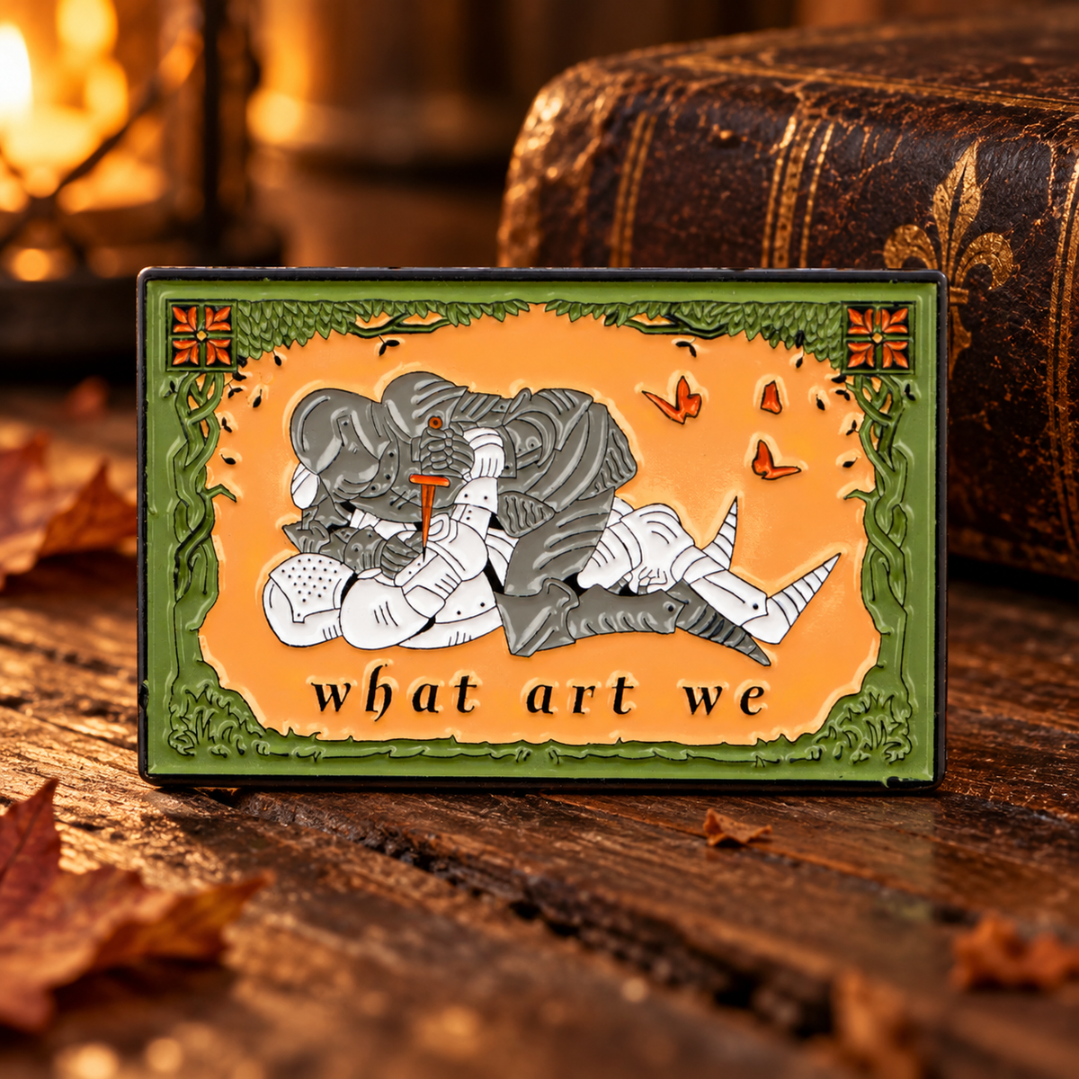 Medieval What are we Pin enamel pin in a lifestyle setting