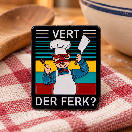 Swedish Chef Vert Der Ferk Pin enamel pin in a lifestyle setting