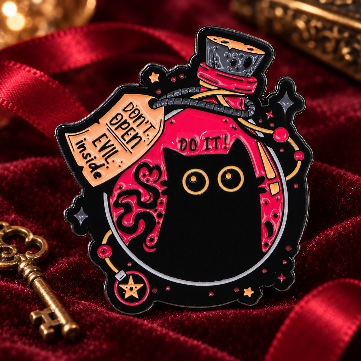 Don't Open Evil Inside Black Cat Pin enamel pin in a lifestyle setting