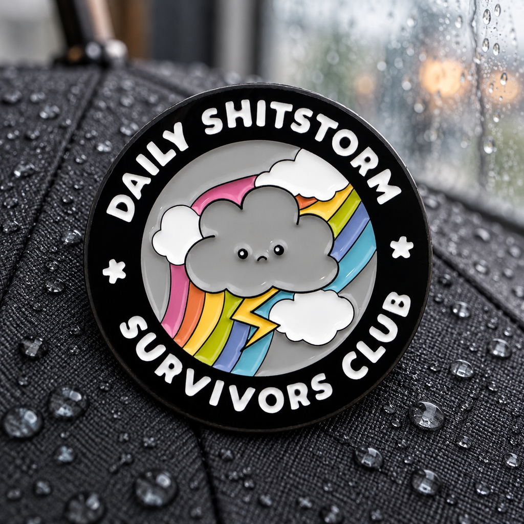 Daily Sh*t Storm Survivors Club Pin enamel pin in a lifestyle setting