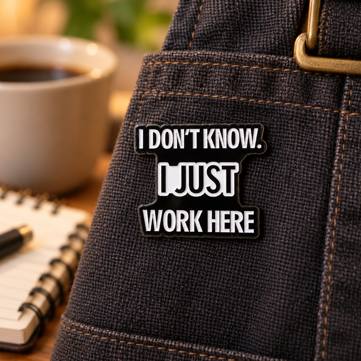 I Don't Know I Just Work Here Pin enamel pin in a styled lifestyle setting