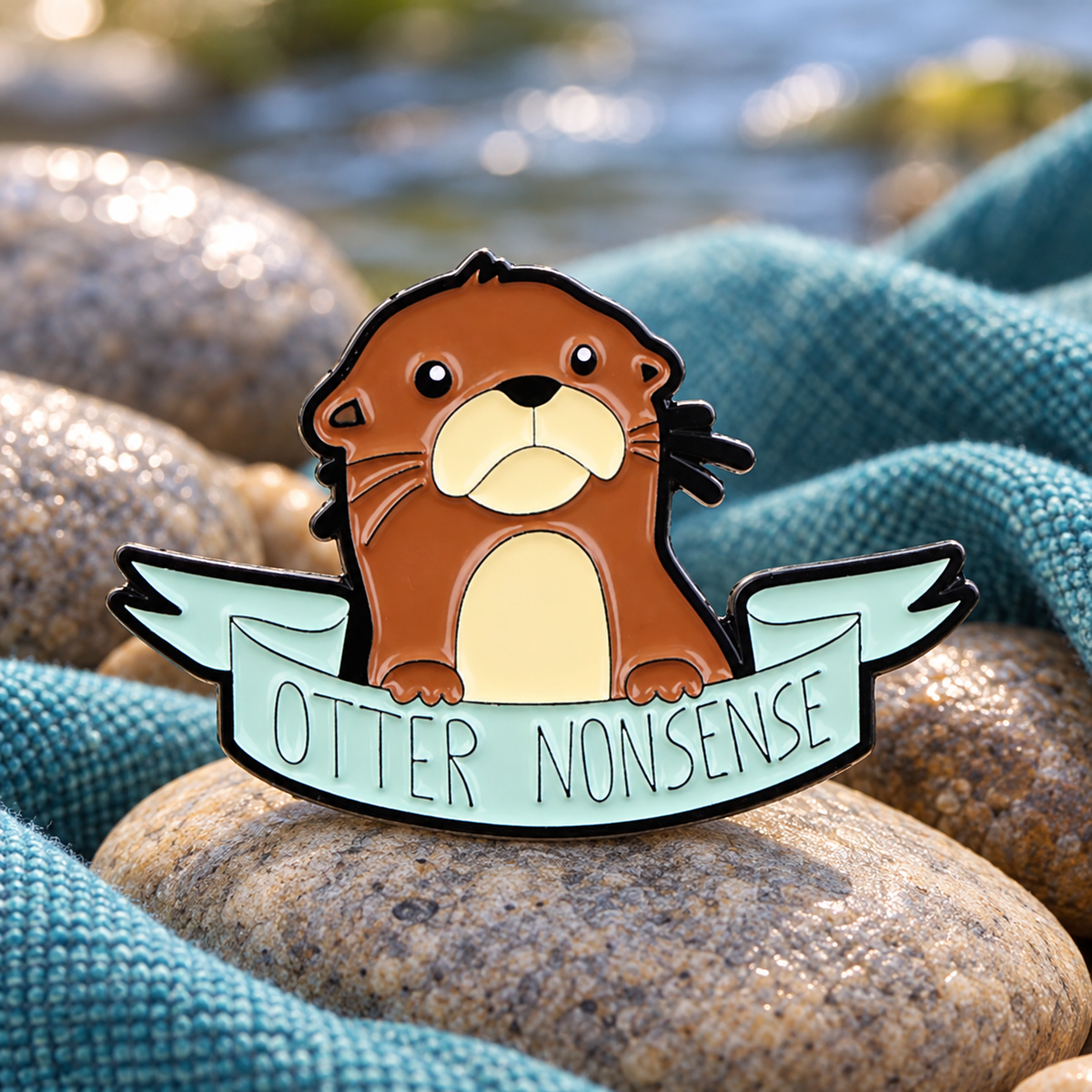 Funny Otter Nonsense Pin enamel pin in a styled lifestyle setting