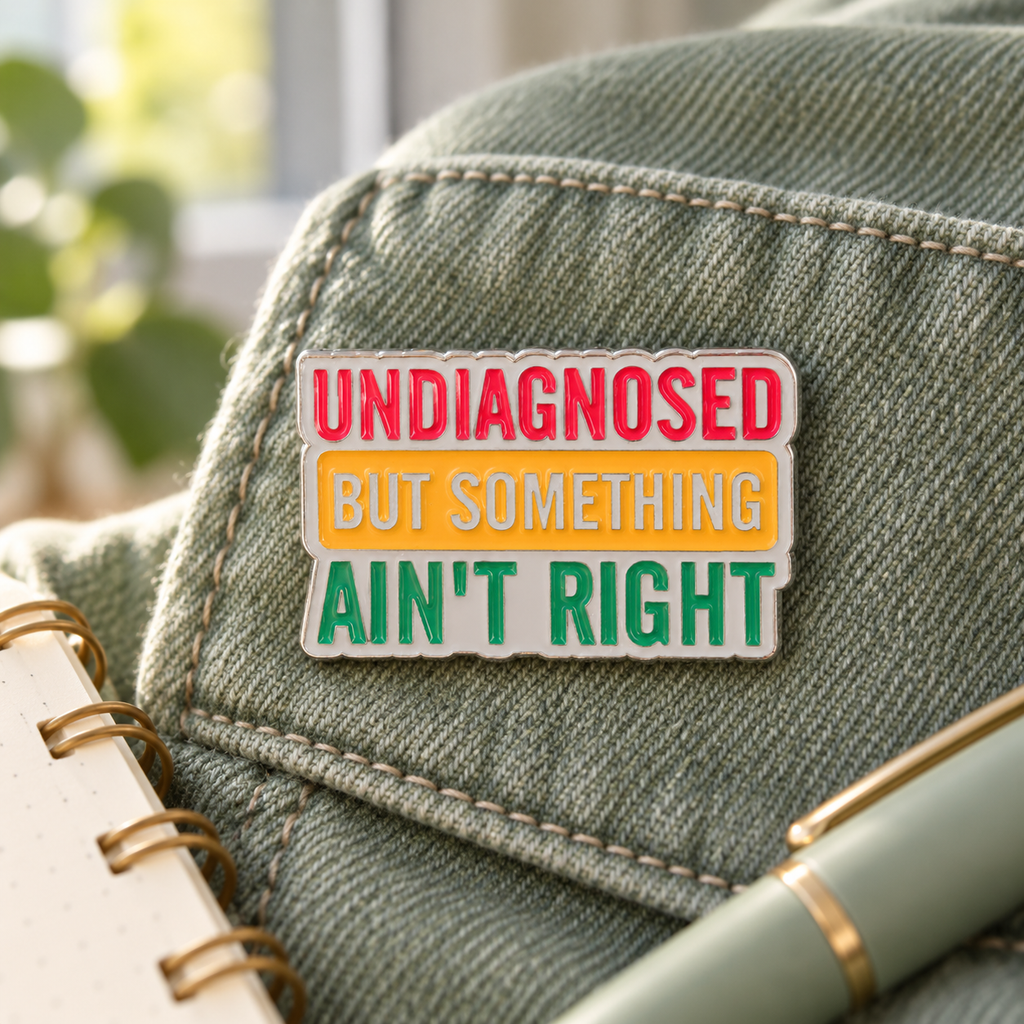 Undiagnosed But Something Ain't Right Pin enamel pin in a styled lifestyle setting