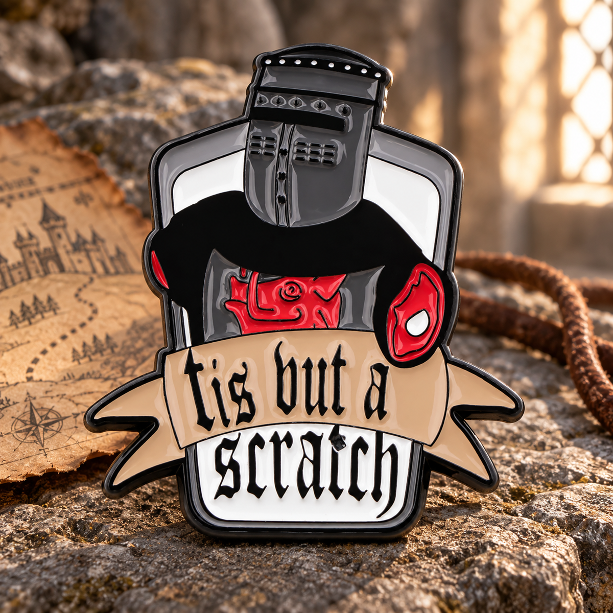 Monty Python The Black Knight Tis But A Scratch Pin enamel pin in a styled lifestyle setting