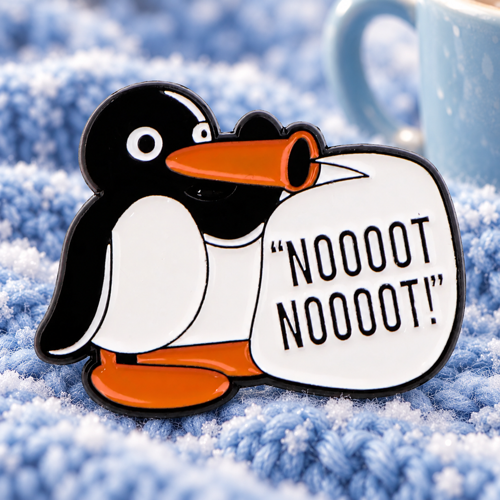 Pingu Pin enamel pin in a styled lifestyle setting
