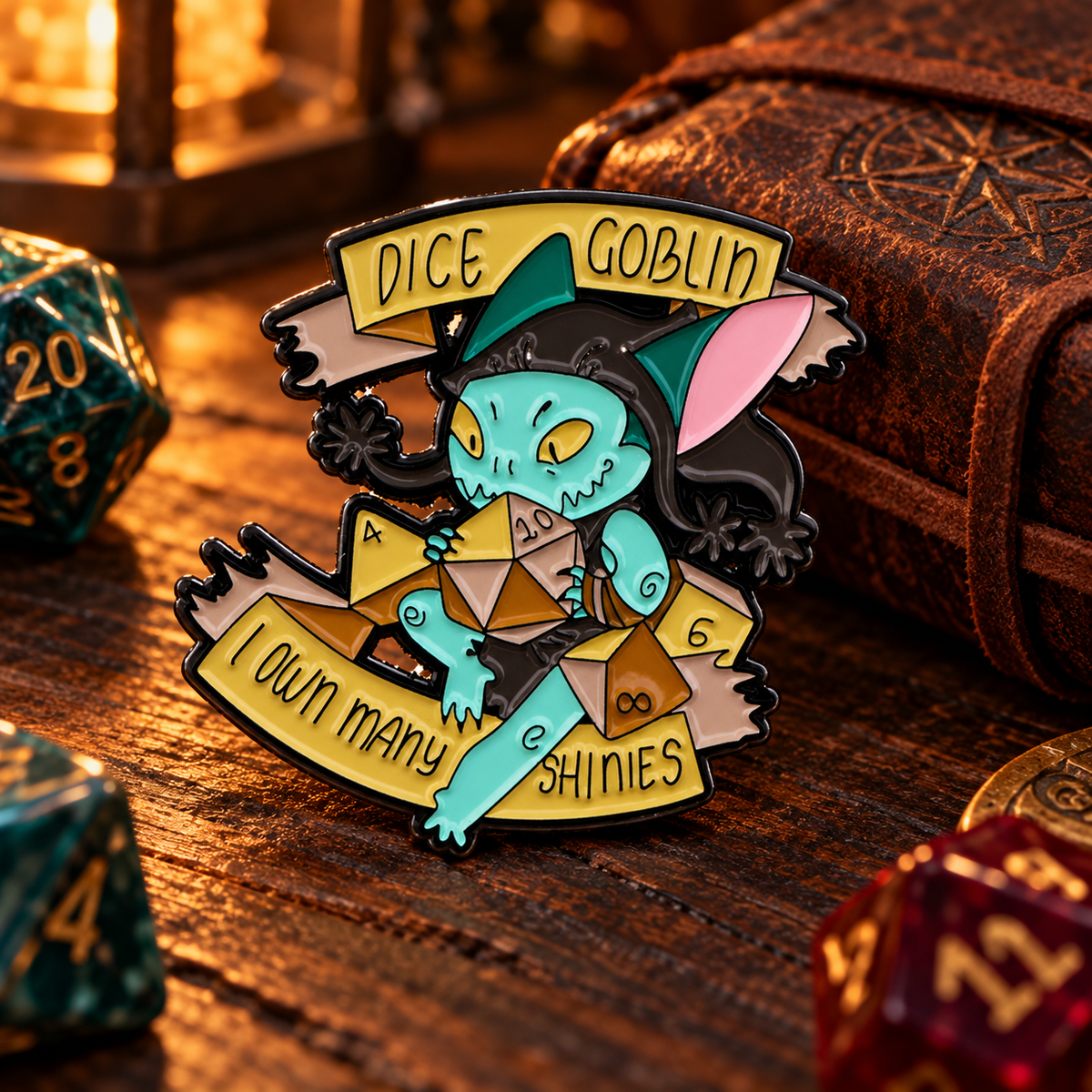 Dice Goblin Pin enamel pin in a styled lifestyle setting