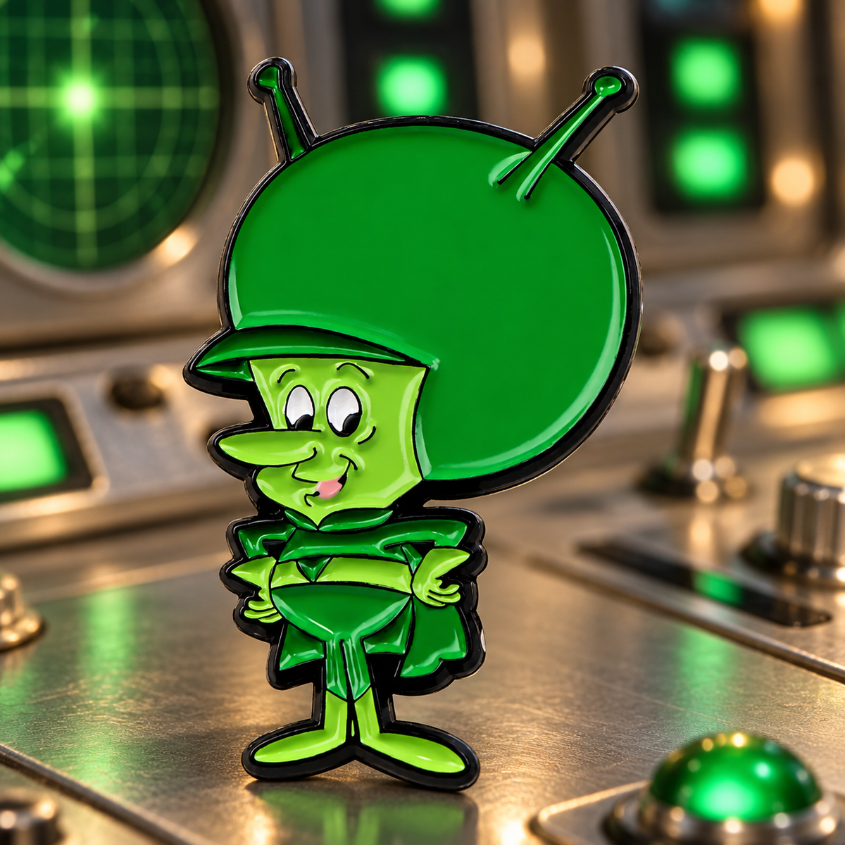 The Great Gazoo Pin enamel pin in a styled lifestyle setting
