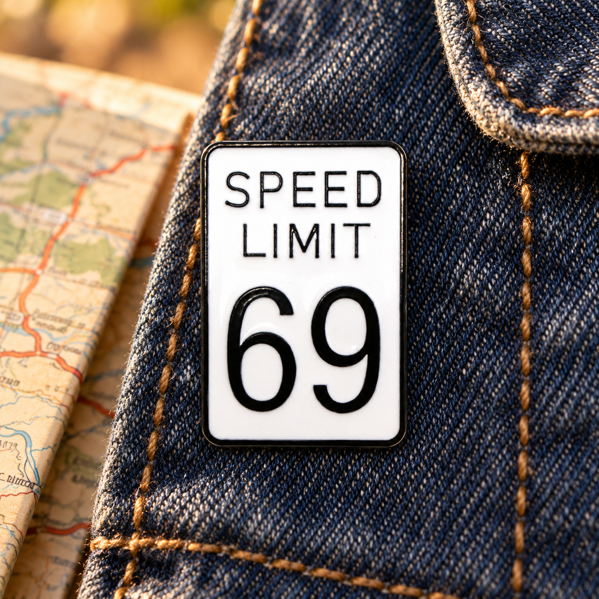 Speed Limit 69 Sign Pin enamel pin in a styled lifestyle setting