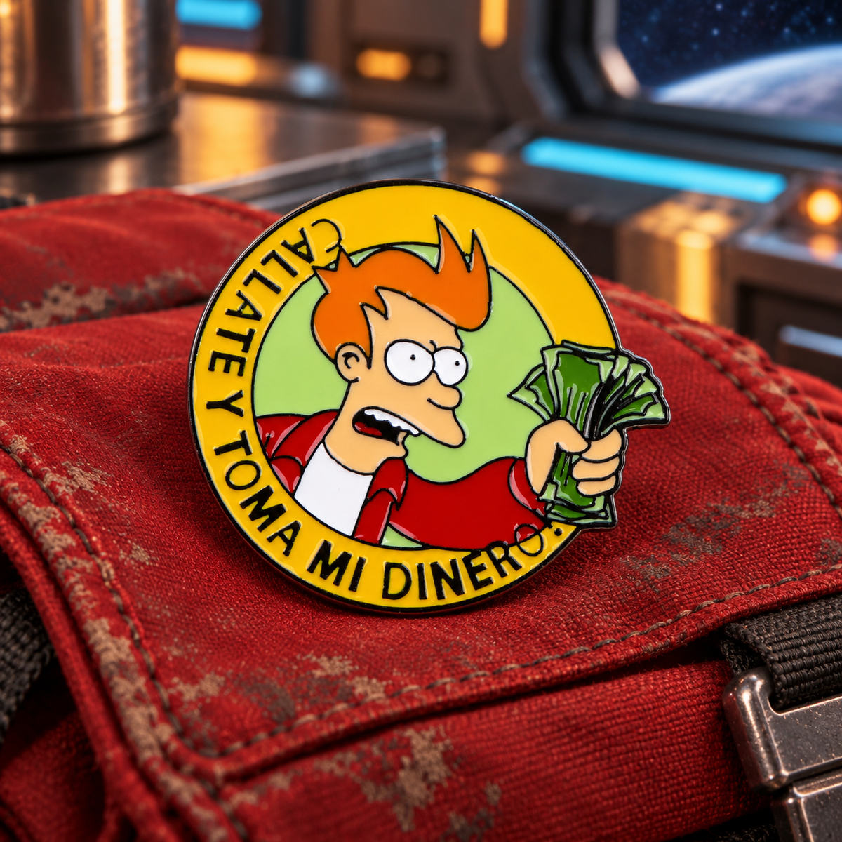 Philip J. Fry Pin enamel pin in a styled lifestyle setting