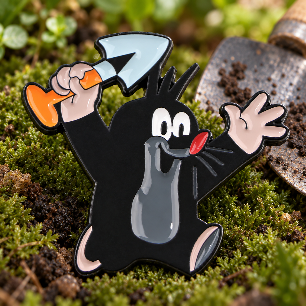 Cute Little Mole Krtek Pin enamel pin in a styled lifestyle setting