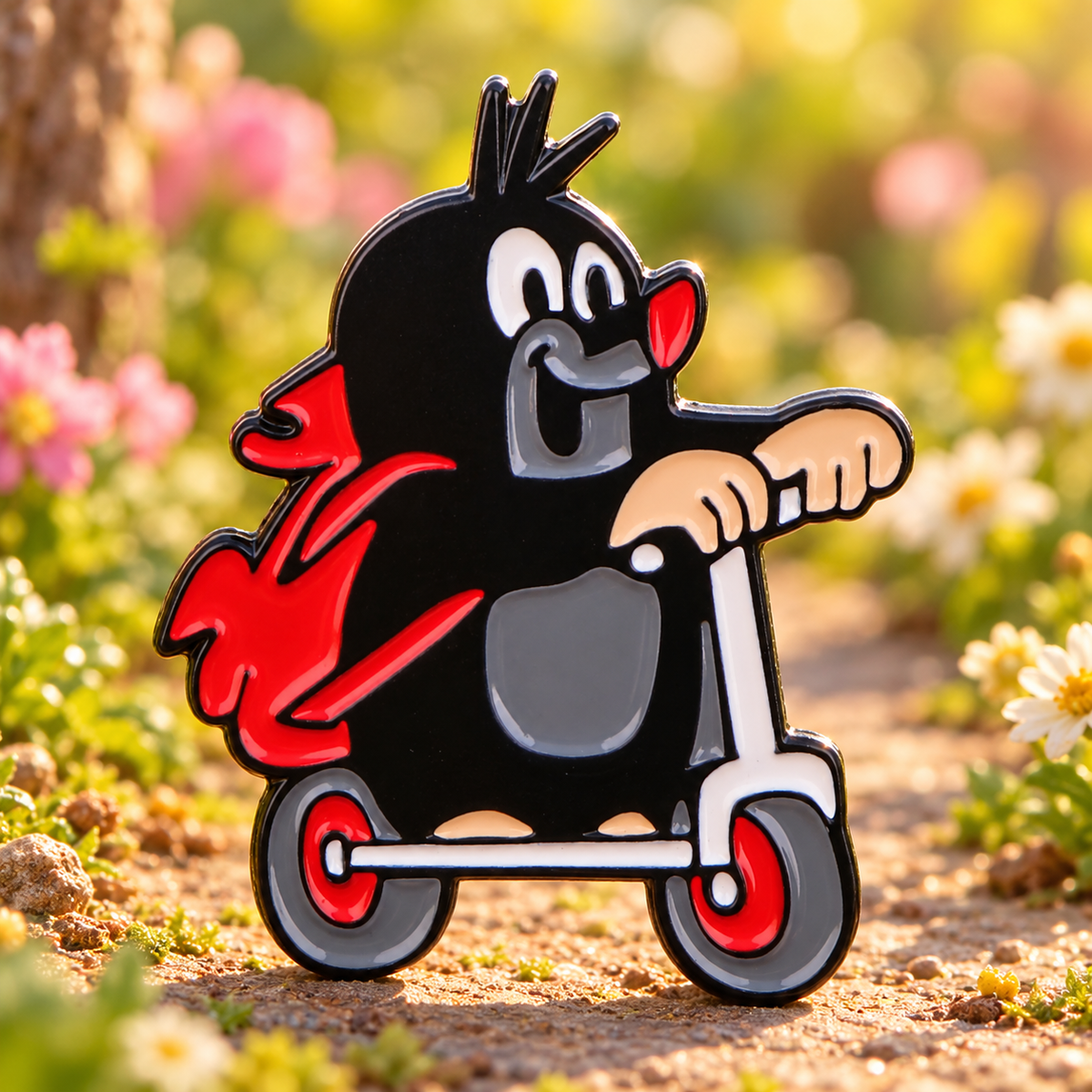 The Little Mole Krtek Pin enamel pin in a styled lifestyle setting
