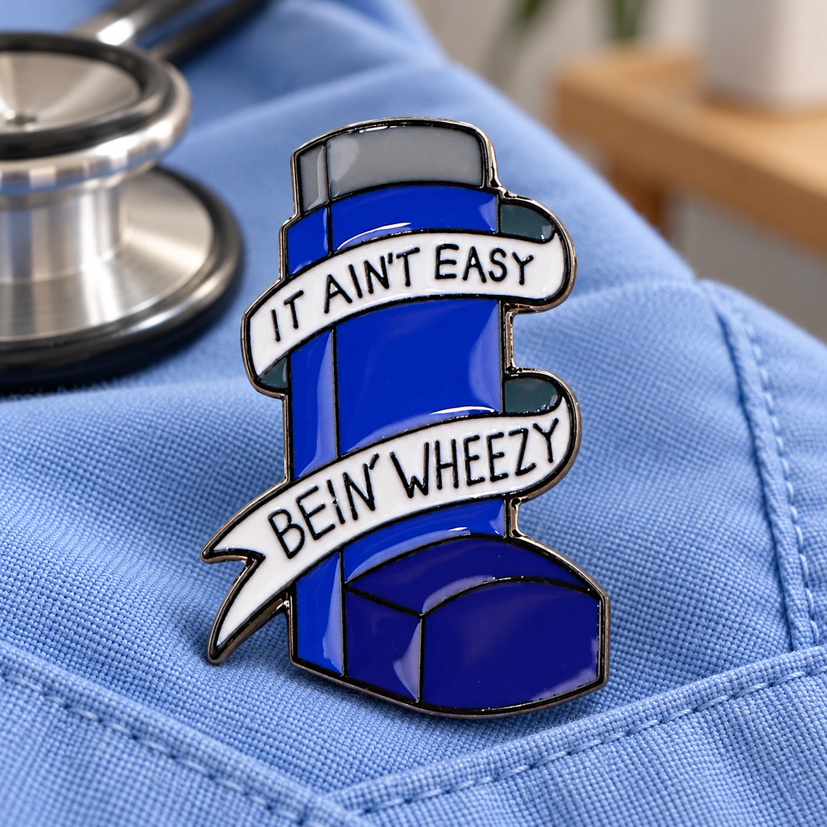 It Ain't Easy Bein' Wheezy Asthma Pin enamel pin in a styled lifestyle setting