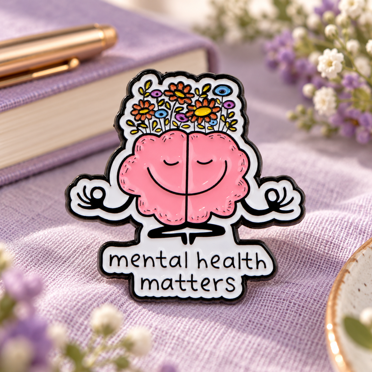 Mental Health Matters Brain Pin enamel pin in a styled lifestyle setting