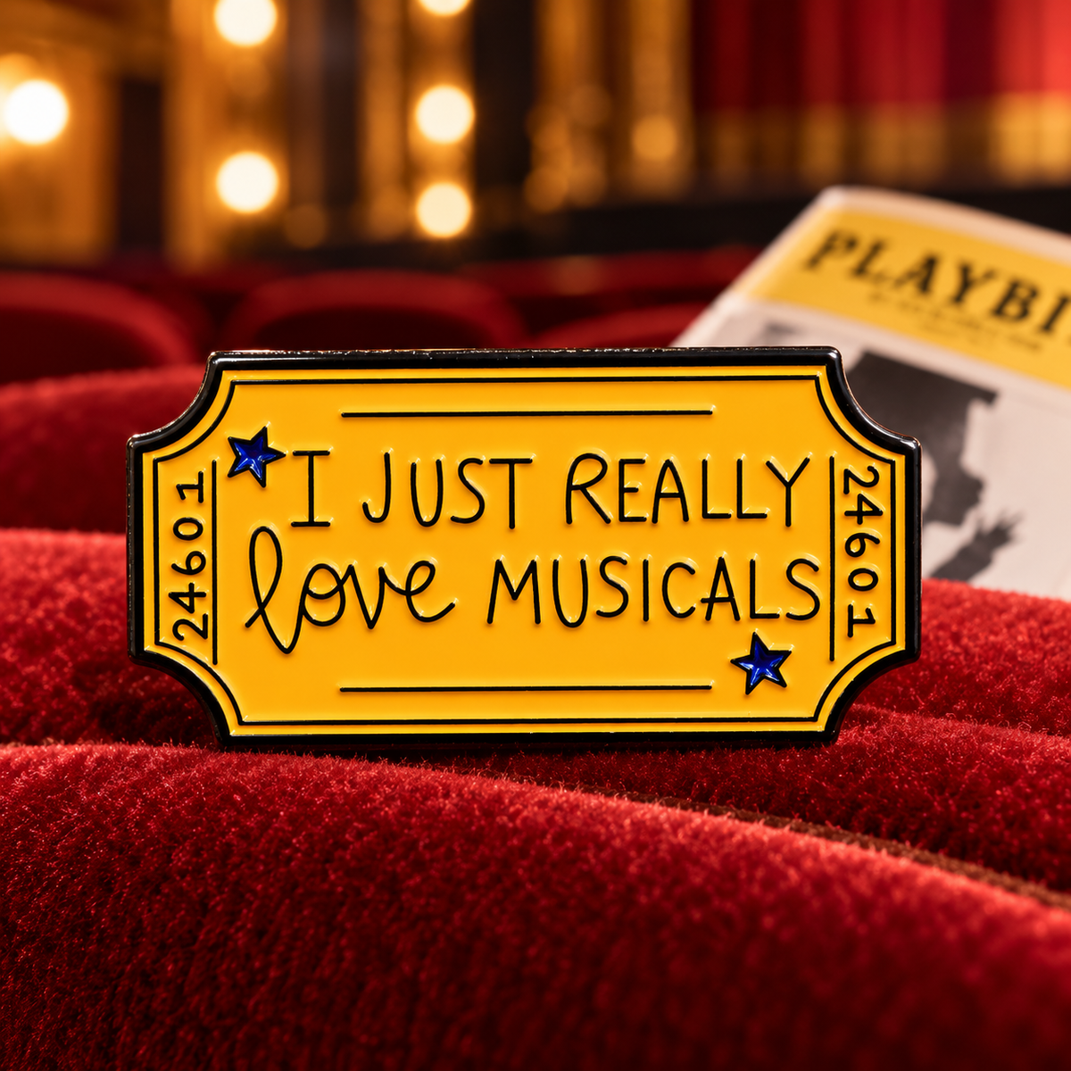 Music Ticket "I Just Really Love Musicals" Pin enamel pin in a styled lifestyle setting