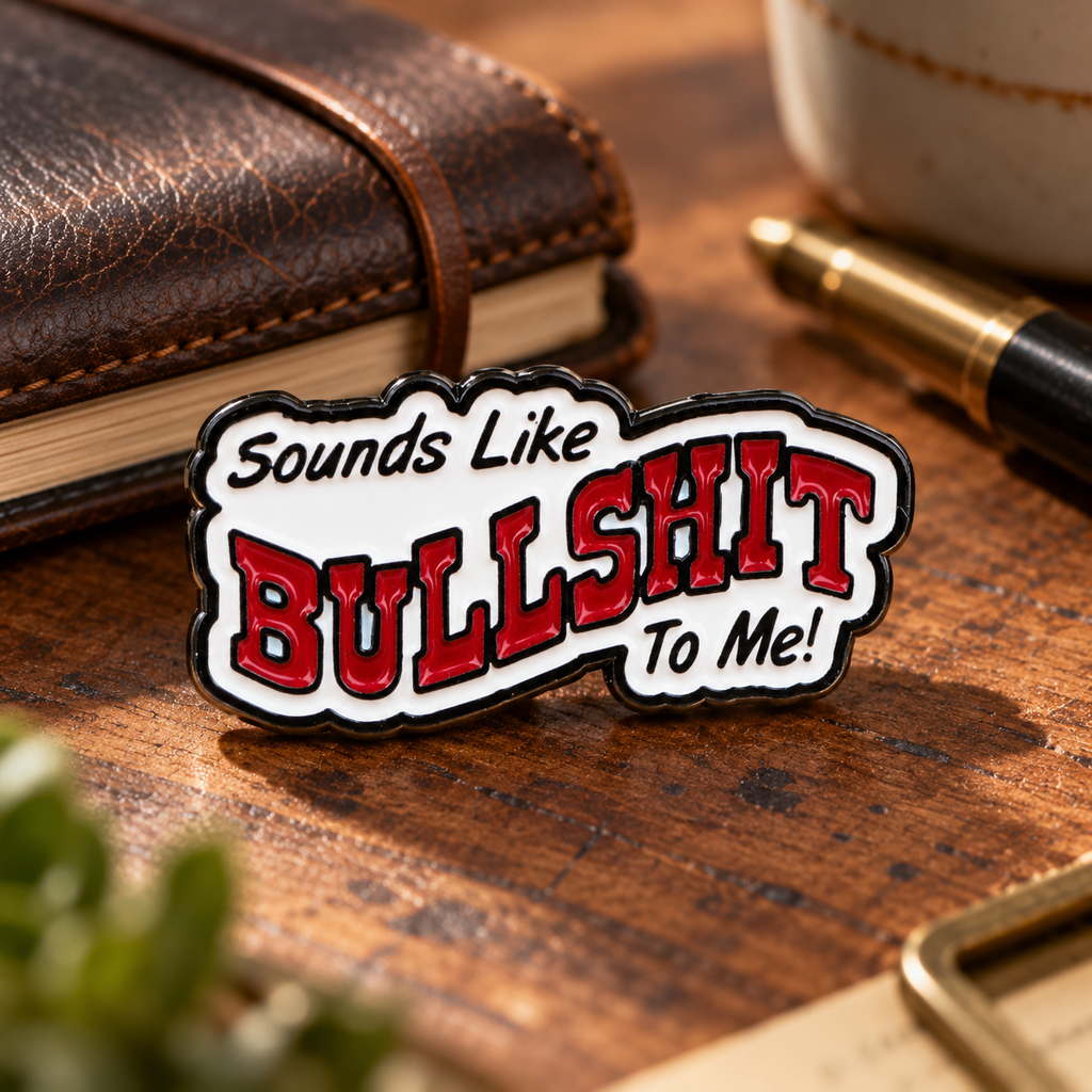 "Sounds Like BULLSHIT To Me!" Pin enamel pin in a styled lifestyle setting