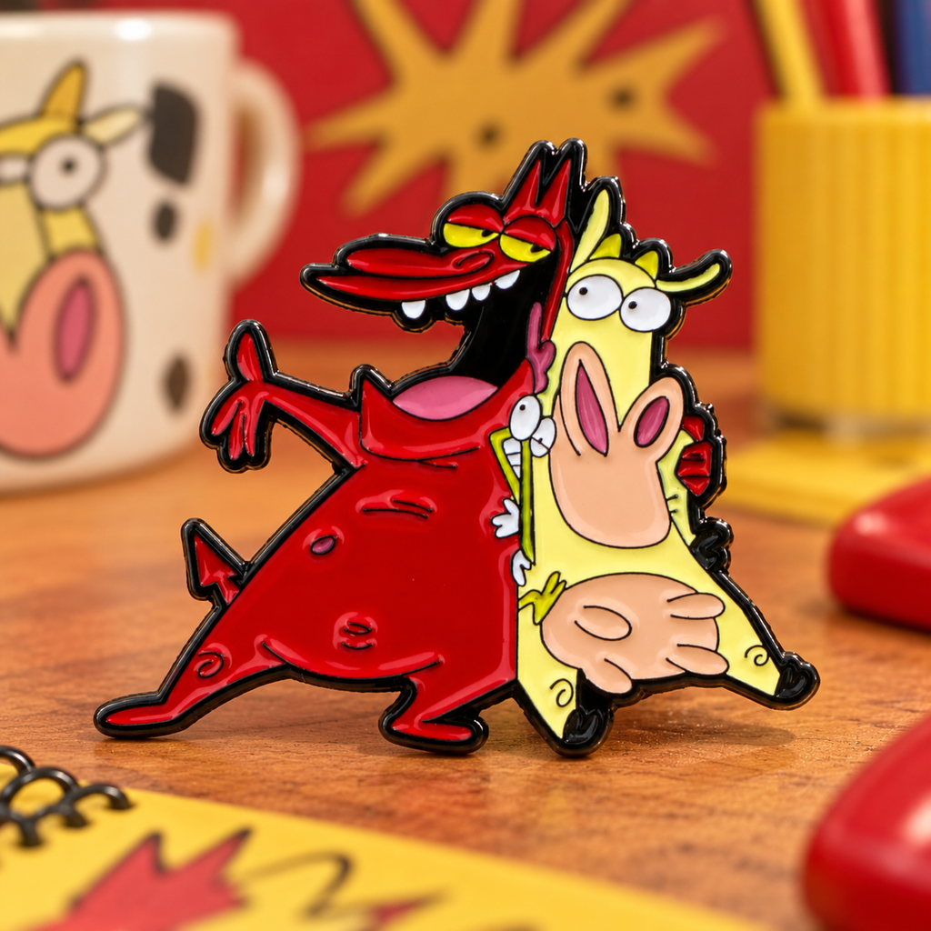 Cow and Chicken Pin enamel pin in a styled lifestyle setting