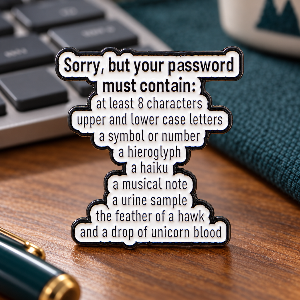Sorry, but your password must contain Pin enamel pin in a styled lifestyle setting