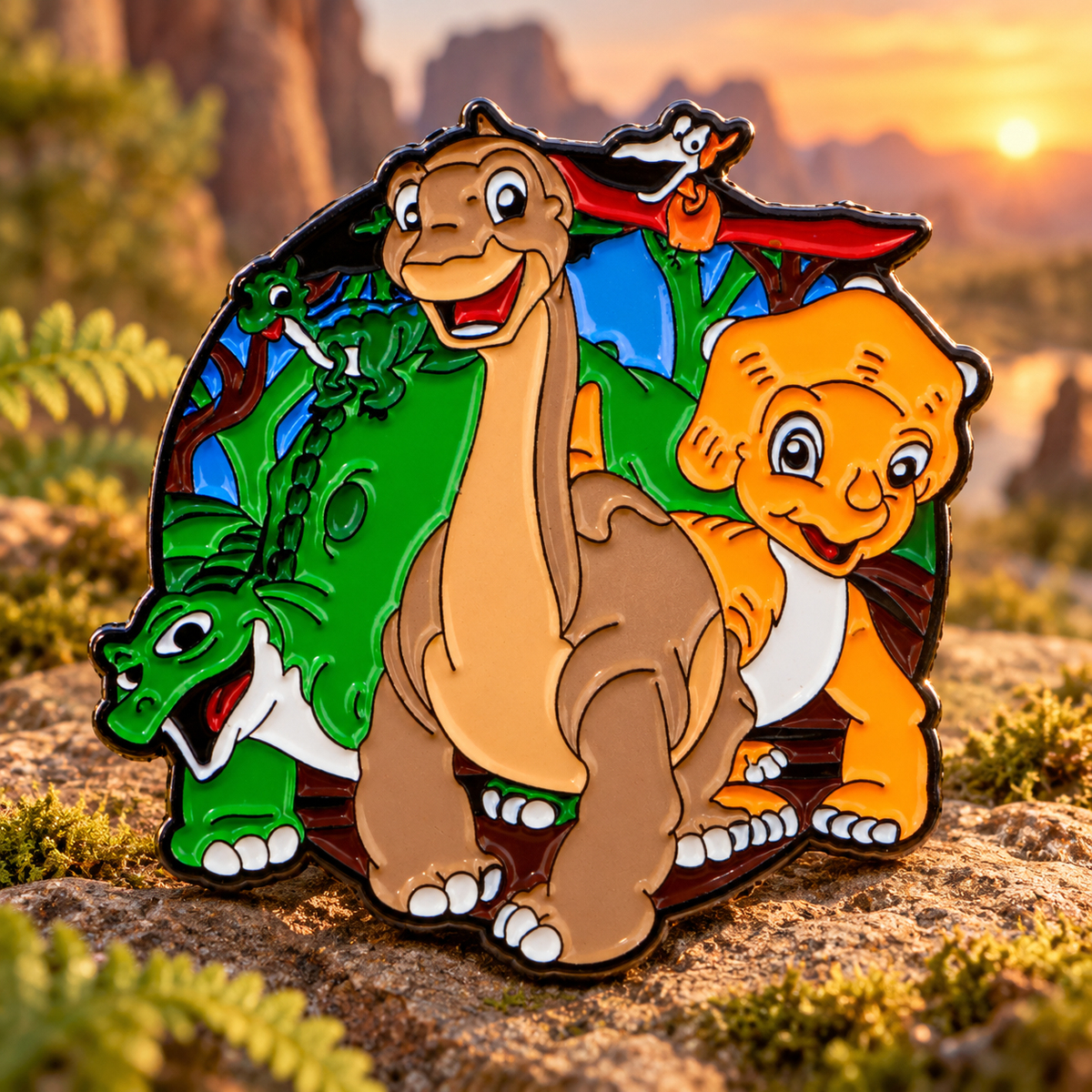 The Land Before Time Dinosaur Pin enamel pin in a styled lifestyle setting