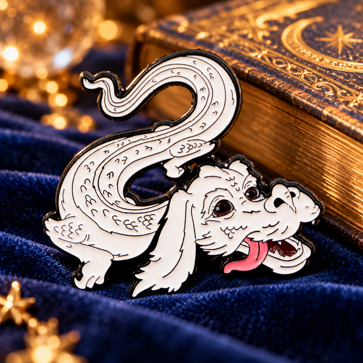 Falkor Pin enamel pin in a styled lifestyle setting
