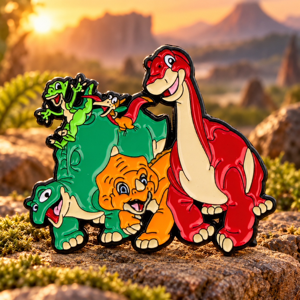 Land before Time Pin enamel pin in a styled lifestyle setting