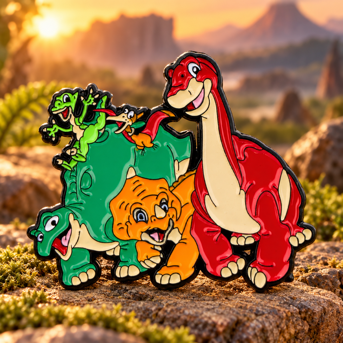 Land before Time Pin enamel pin in a styled lifestyle setting