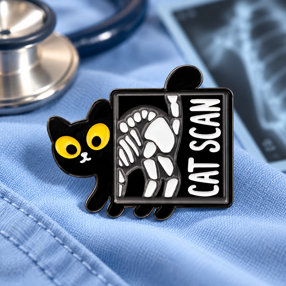 Cat Scan Pin enamel pin in a styled lifestyle setting