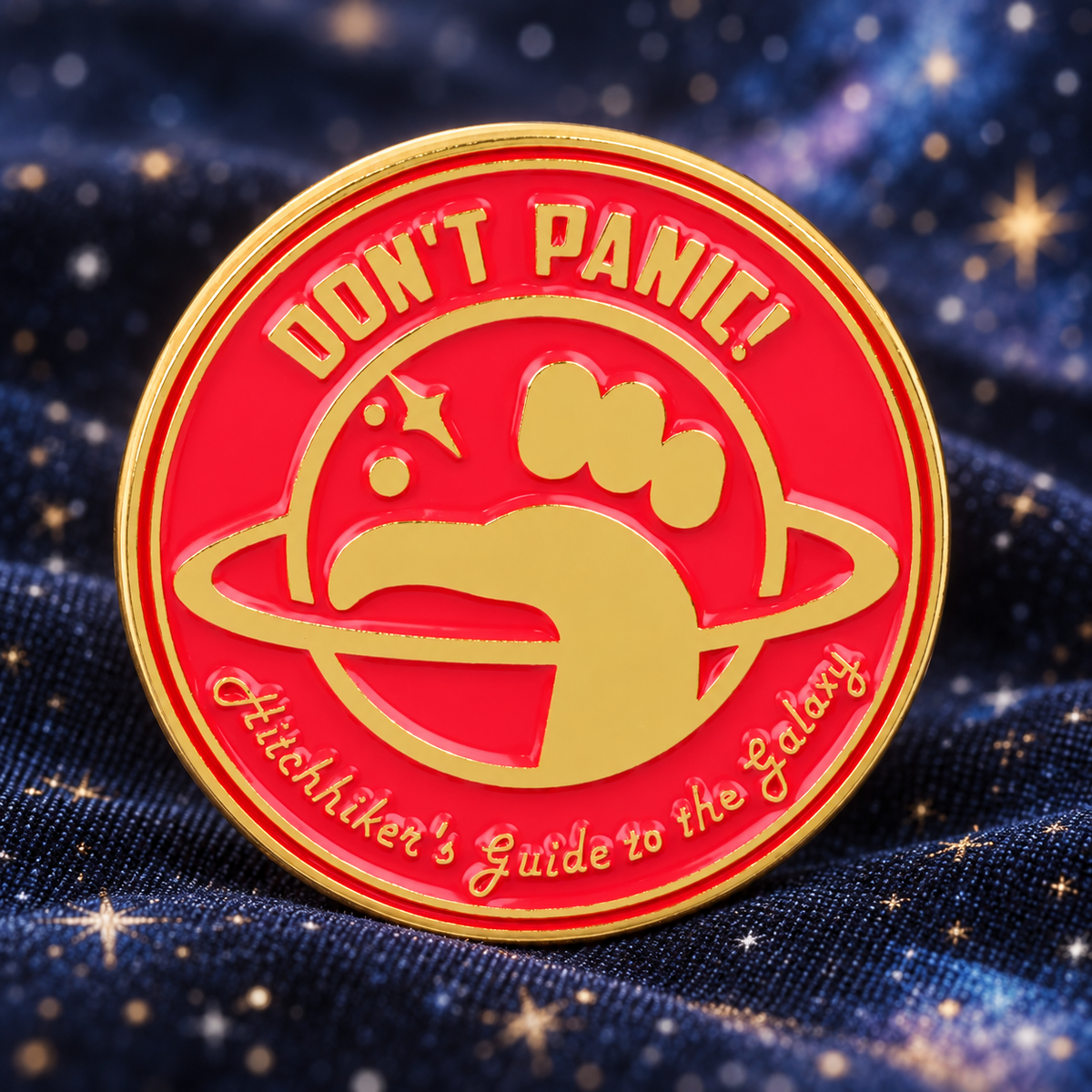 The Hitchhiker's Guide to the Galaxy Pin enamel pin in a styled lifestyle setting