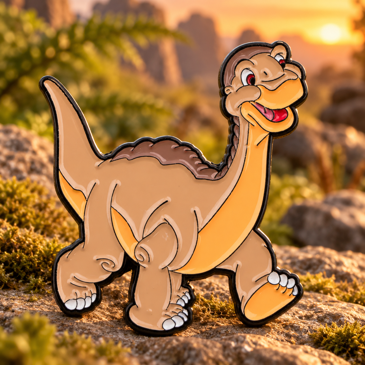 Littlefoot Pin enamel pin in a styled lifestyle setting