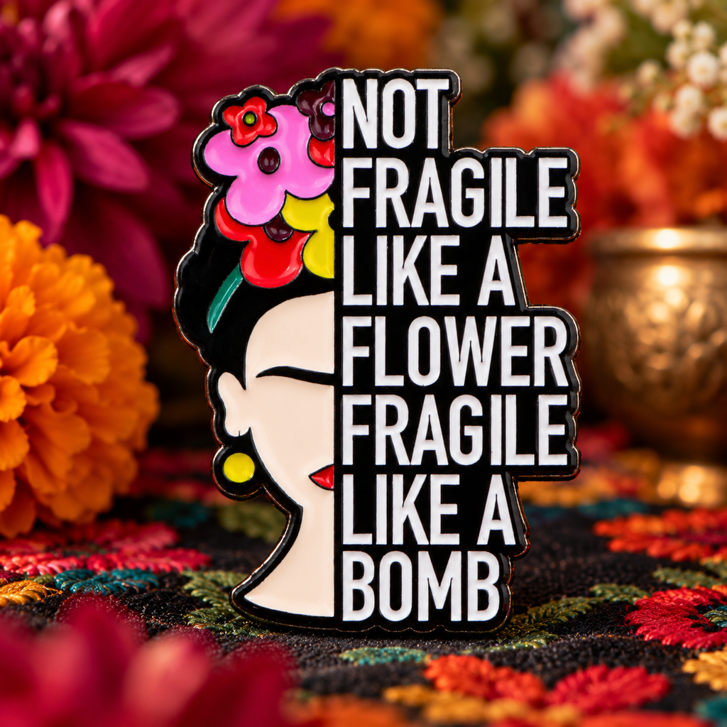A girl not fragile like a flower, but fragile like a bomb Pin enamel pin in a styled lifestyle setting