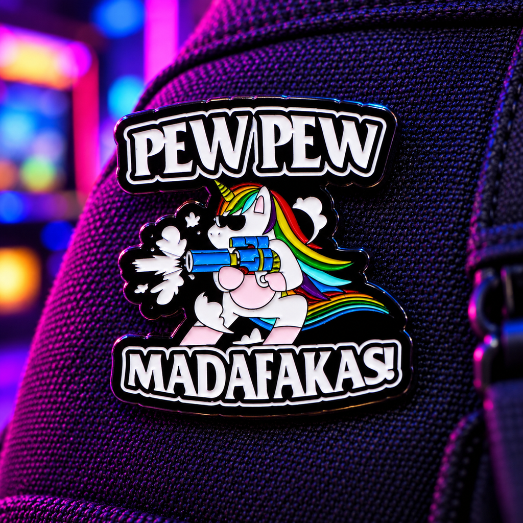 Pew Pew Madafakas Pin lifestyle background