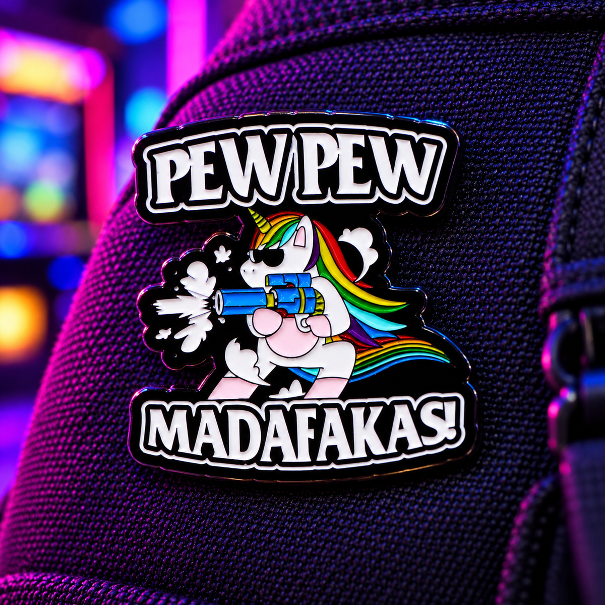 Pew Pew Madafakas Pin lifestyle background