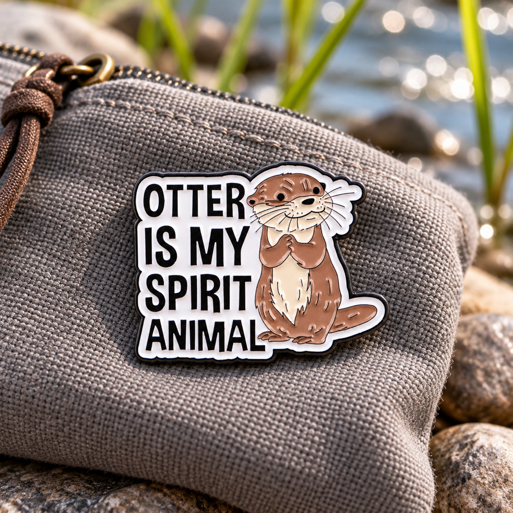 Otter is my spirit animal enamel pin on a gray canvas pouch by water