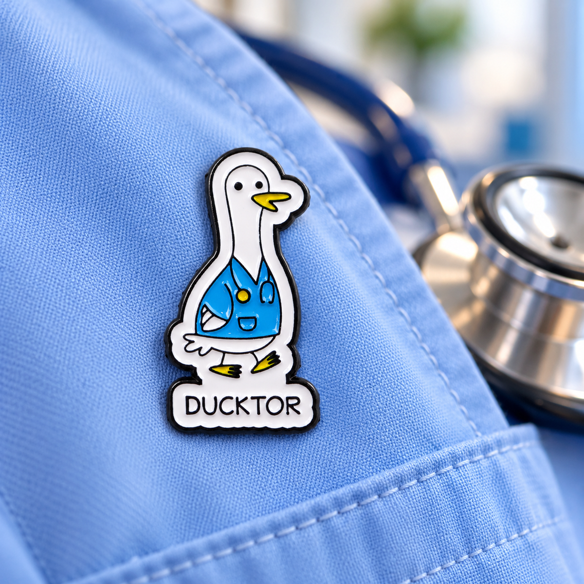 Ducktor enamel pin on pale blue medical scrubs beside a stethoscope