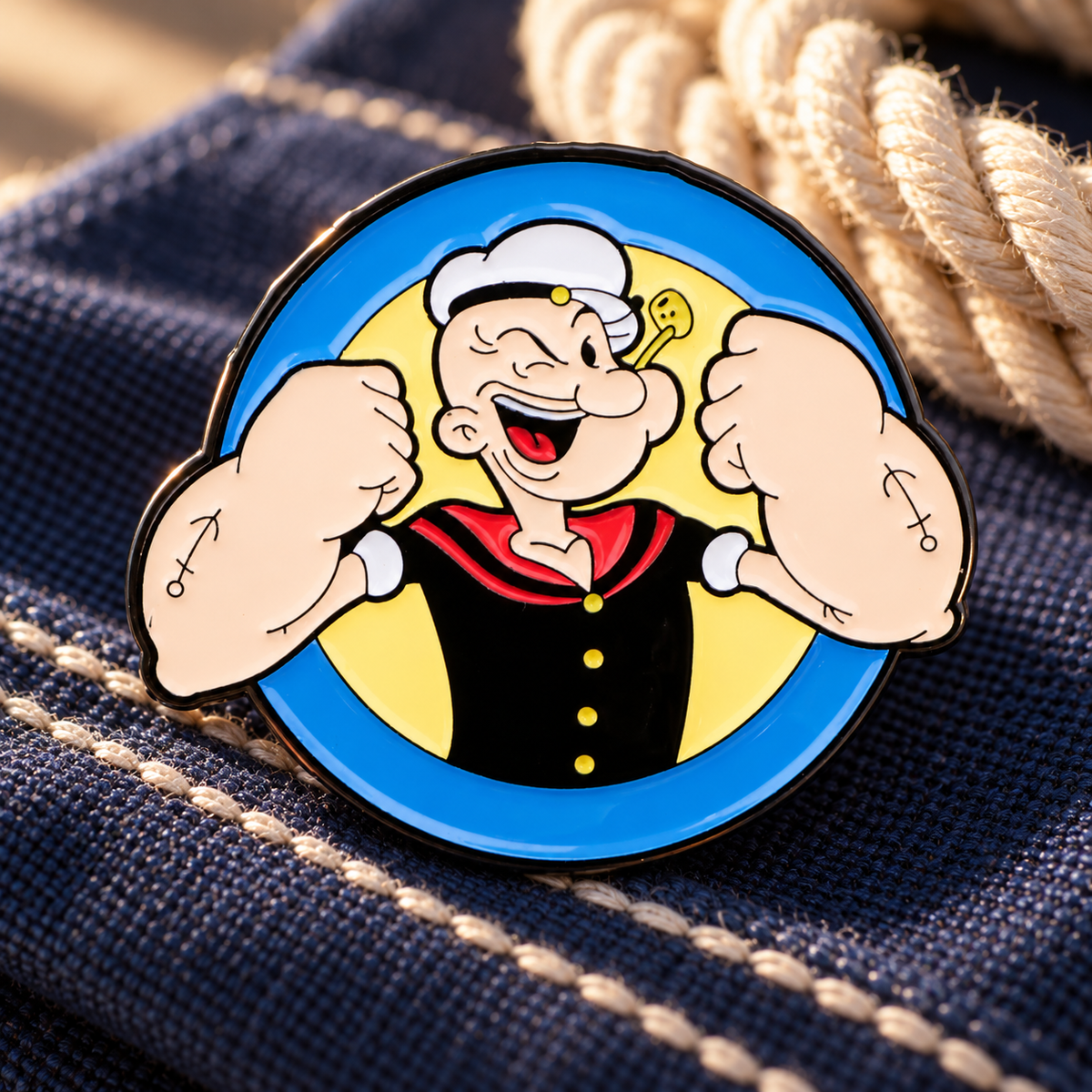 Popeye enamel pin on navy sailor canvas with cream rope