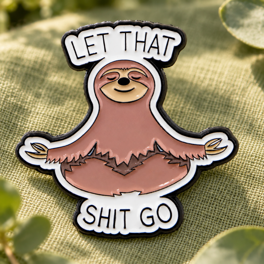 Let That Shit Go Meditating Sloth Pin lifestyle product photo