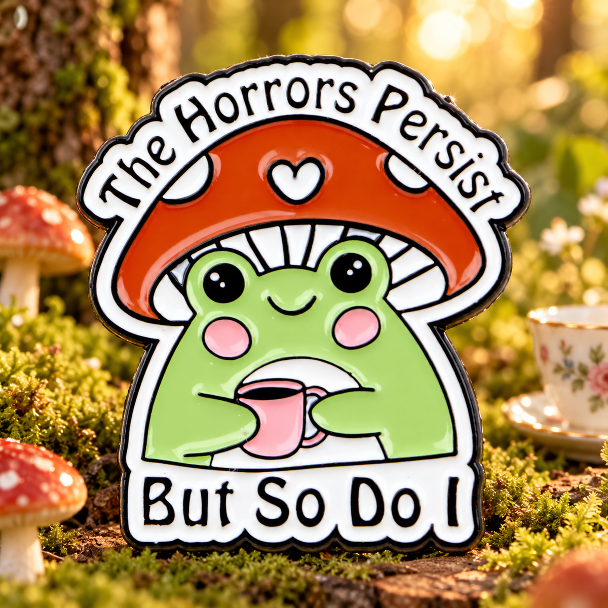 The Horror Persist But So I Do Mushroom Frog Pin lifestyle product photo