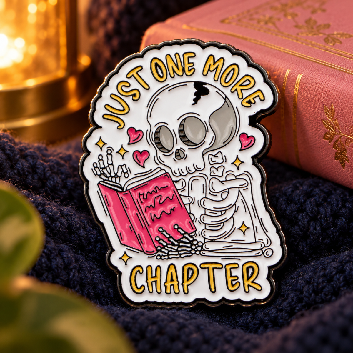 Just One More Chapter Skeleton Pin lifestyle product photo