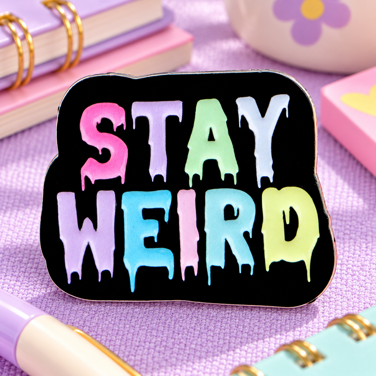 Pastel Color Stay Weird Pin lifestyle product photo