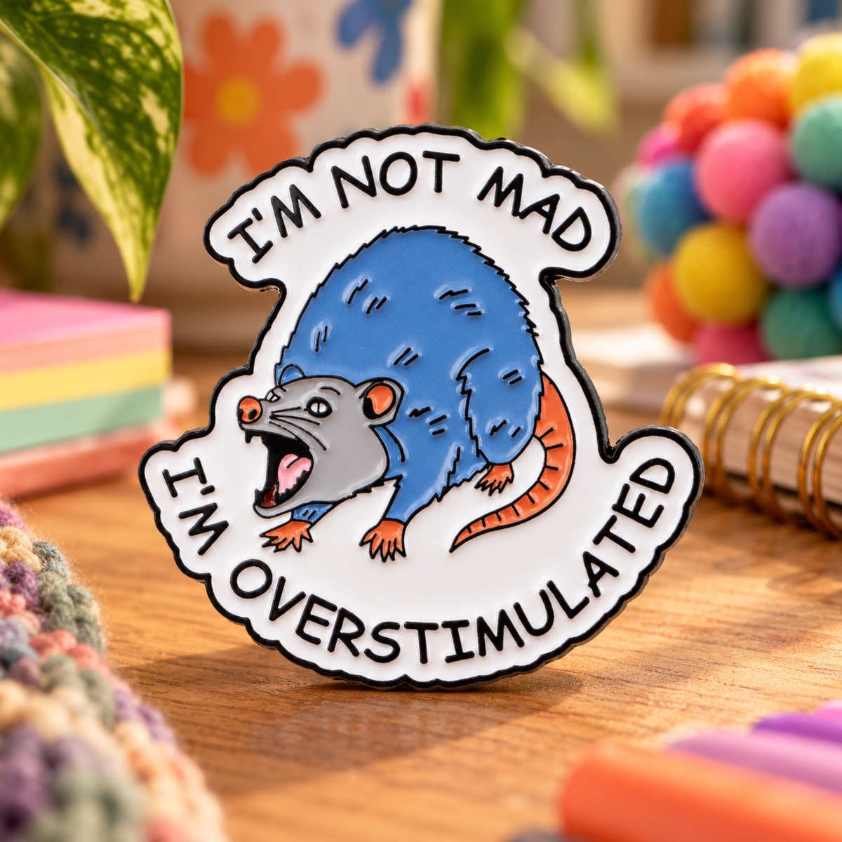 I'm Not Mad I'm Overstimulated Possum Pin lifestyle product photo
