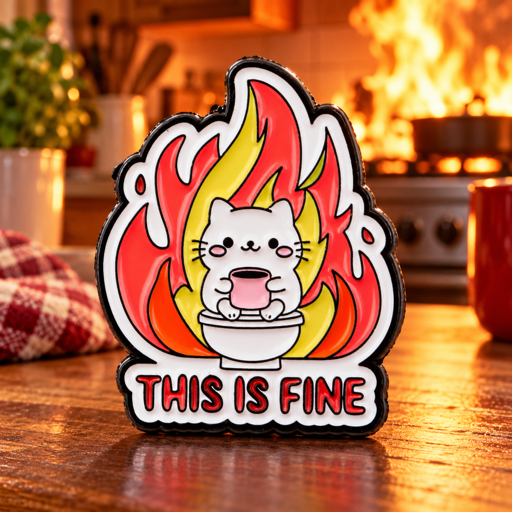 This Is Fine Cat Pin lifestyle product photo