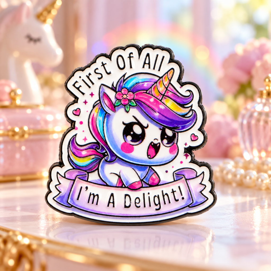 First Of All I'm A Delight unicorn enamel pin in a pastel vanity setting