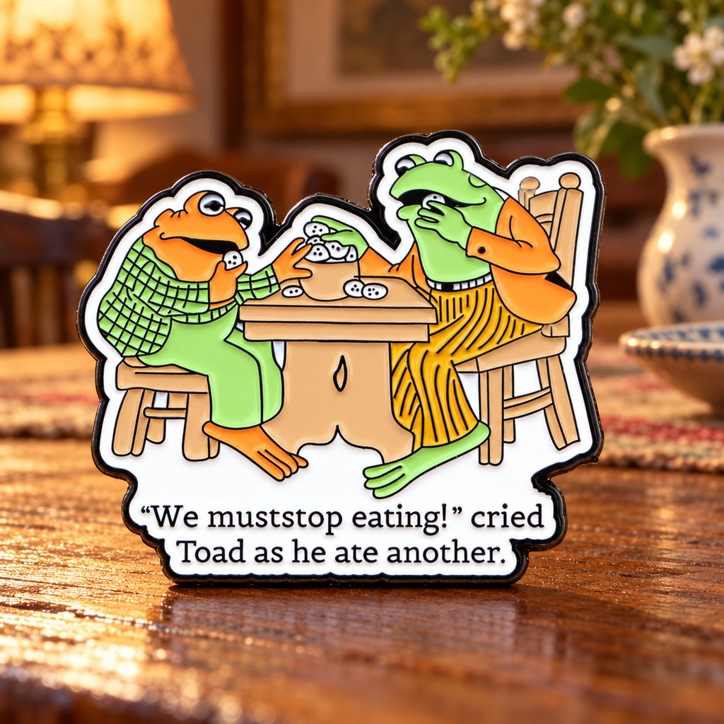 We Must Stop Eating frog enamel pin in a cozy dining room